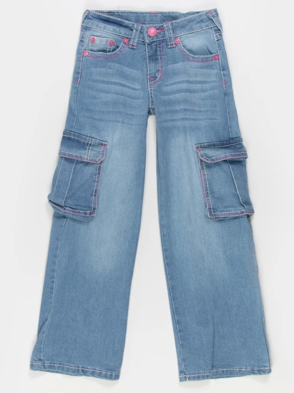 True Religion Light Blue Cargo Wide-Leg Jeans with Pink Stitching